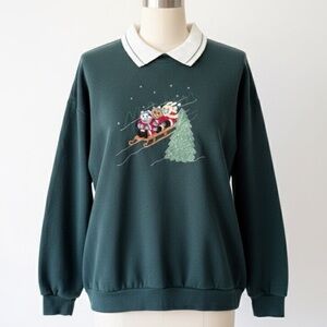 Vintage 80s Morning Sun Top Stitch Collared Christmas Sweatshirt Americana Sz MP